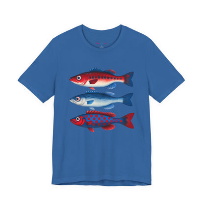 Americana Fish Trio Graphic Tee — Nautical Red & Blue Coastal T-Shirt