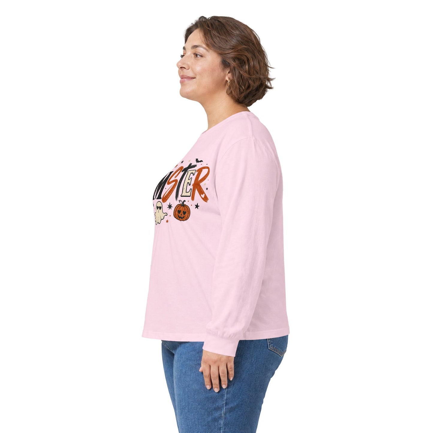 Momster Halloween Long Sleeve T-Shirt — Cute Spooky Mom Shirt with Pumpkins & Ghosts