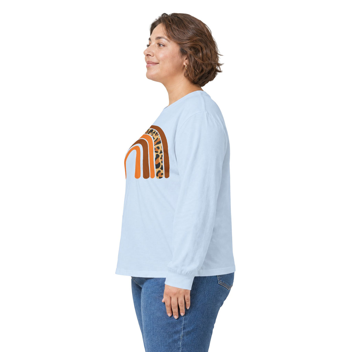 Retro FALL Leopard Rainbow Long Sleeve T-Shirt — Boho Earth-Tone Graphic Shirt