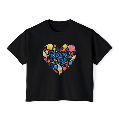 Beach Days Heart Graphic Tee — Women's Boxy Summer T-Shirt