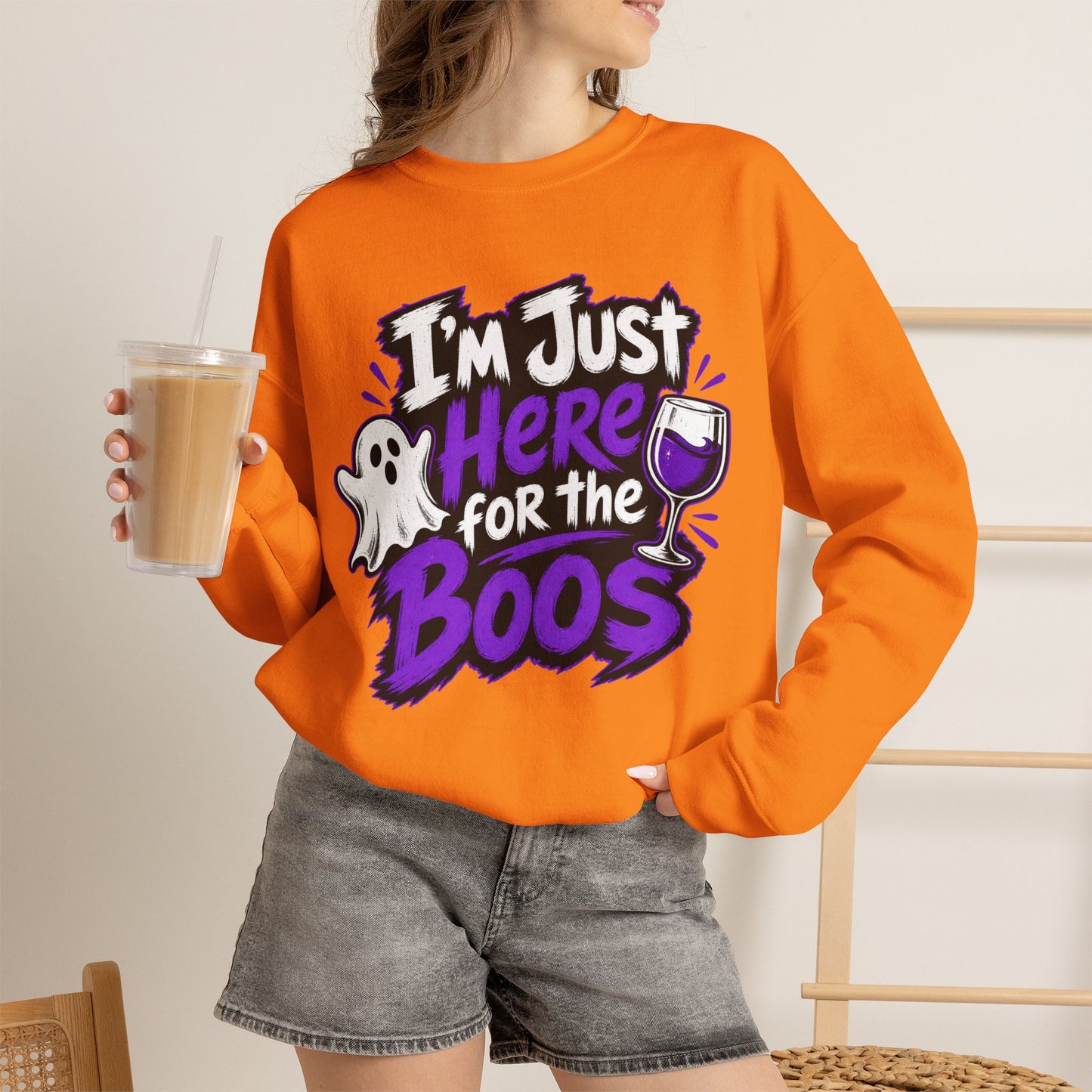 I'm Just Here for the Boos Halloween Sweatshirt — Ghost & Wine Graphic Crewneck