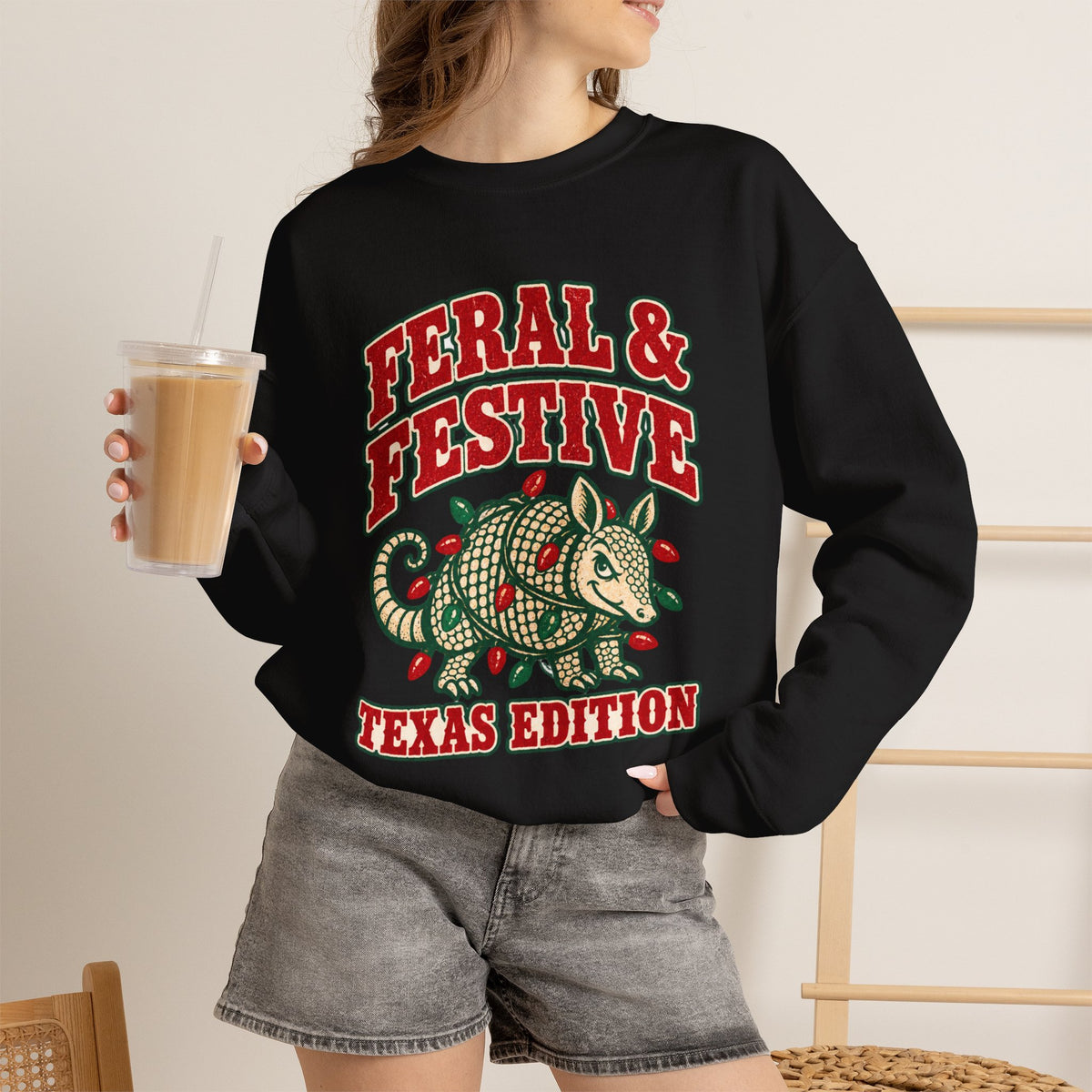 Feral & Festive Texas Edition Christmas Sweatshirt, Funny Armadillo Holiday Crewneck