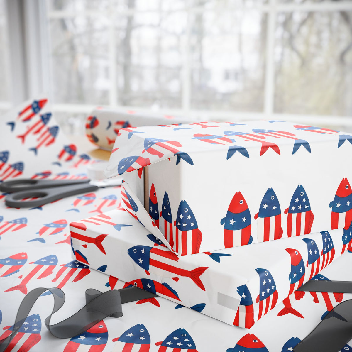 Patriotic Fish Wrapping Paper Roll - Christmas Holidays Anytime Fishing
