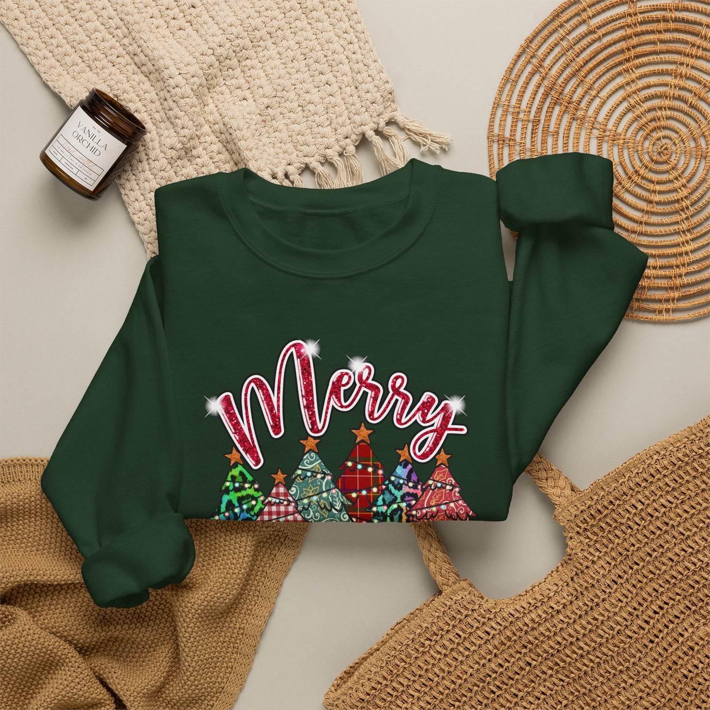 Merry Christmas Crewneck Sweatshirt - Festive Plaid Christmas Trees Holiday Sweatshirt