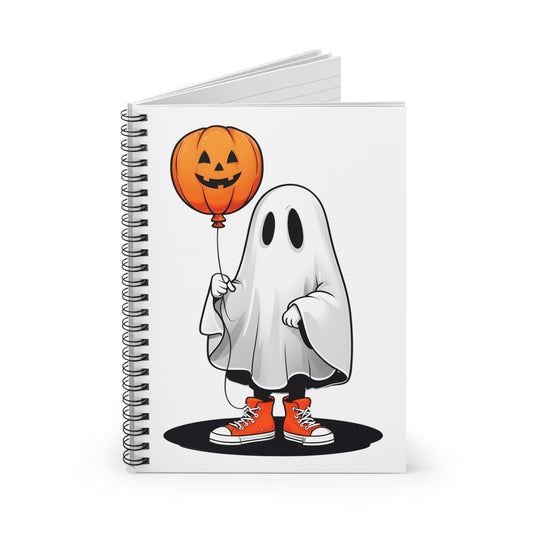 Cute Halloween Ghost Notebook, Spiral Journal, Halloween Gift, Spooky Note-taking, Orange Balloon Design, School Supplies