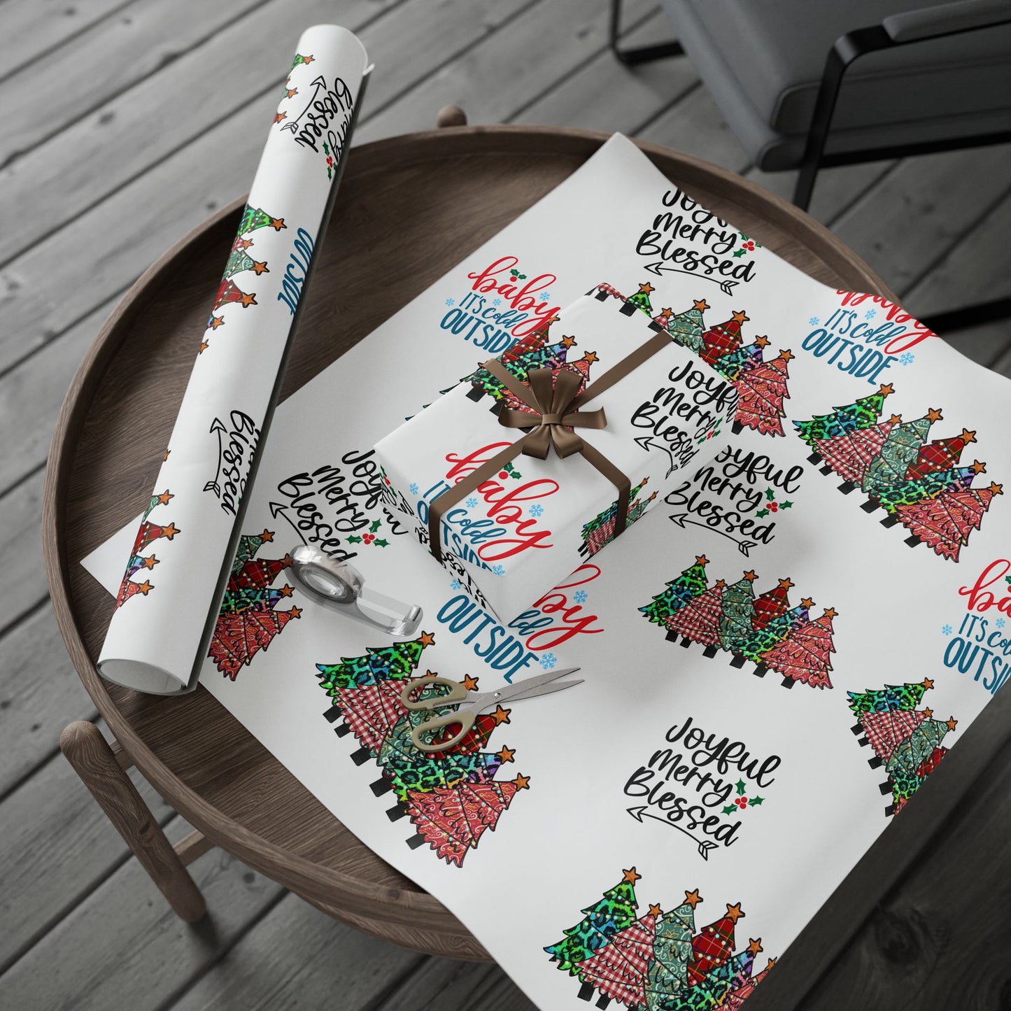 Wrapping Paper Roll – "Joyful Merry & Blessed" Holiday Gift Wrap with Festive Script Pattern