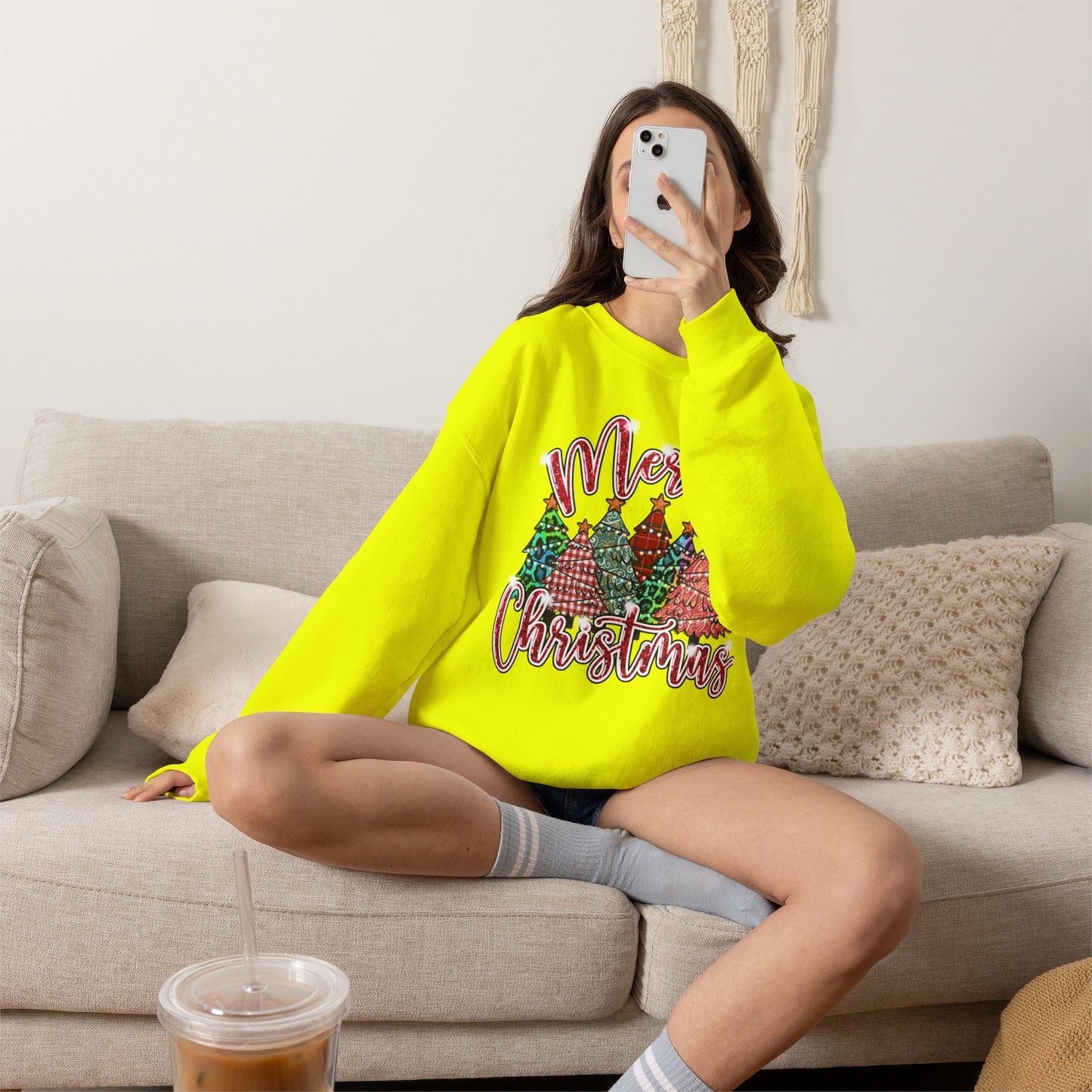 Merry Christmas Crewneck Sweatshirt - Festive Plaid Christmas Trees Holiday Sweatshirt
