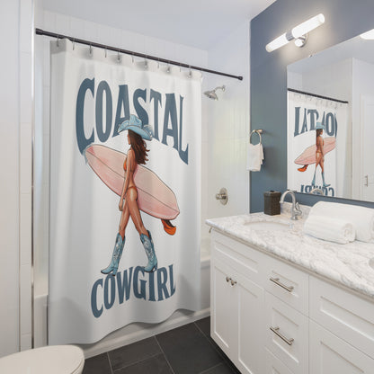 Coastal Cowgirl Shower Curtain — Surfing Cowgirl Beach Bathroom Decor