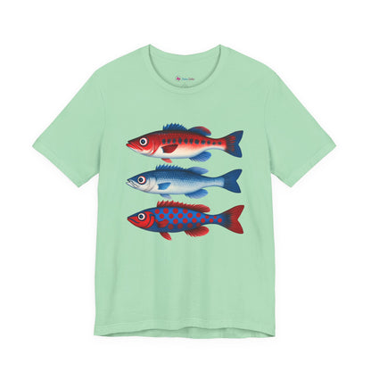 Americana Fish Trio Graphic Tee — Nautical Red & Blue Coastal T-Shirt