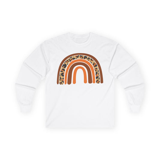 Retro FALL Leopard Rainbow Long Sleeve T-Shirt — Boho Earth-Tone Graphic Shirt