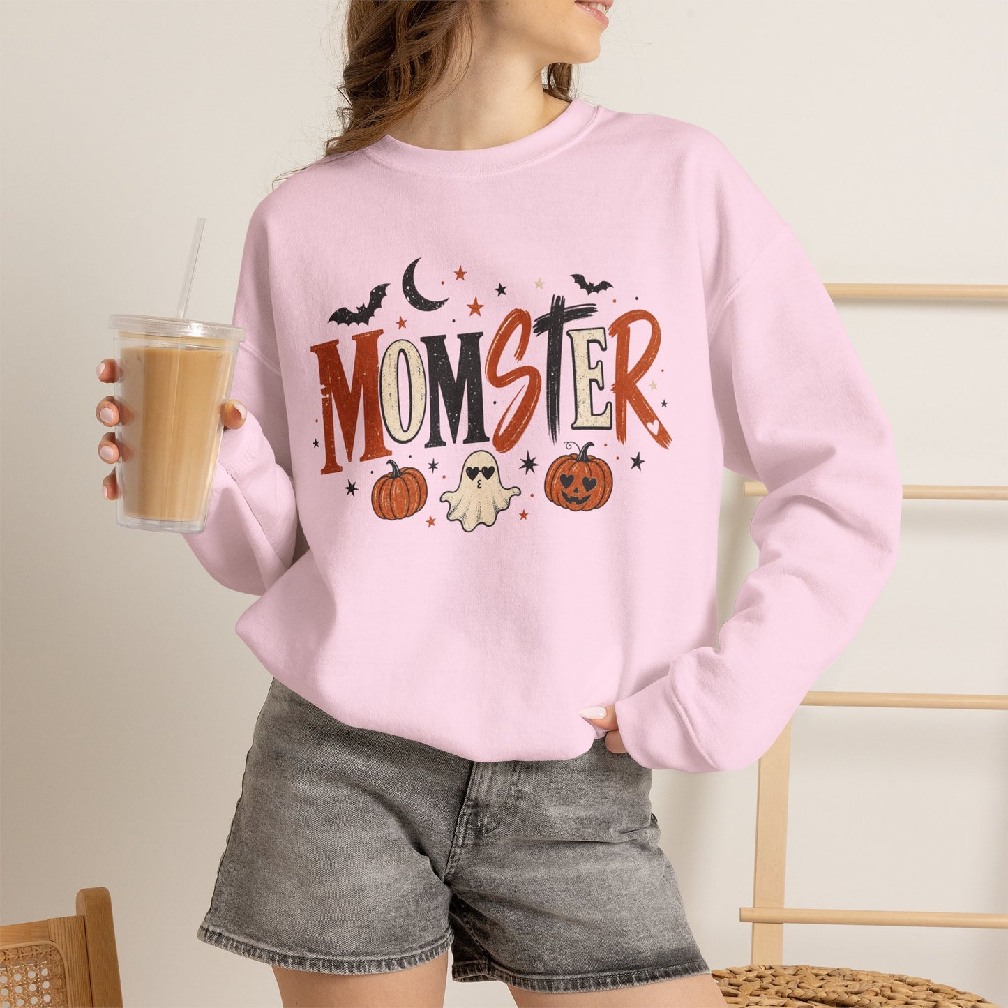 Momster Halloween Sweatshirt — Cute Momster Ghost & Pumpkins Crewneck