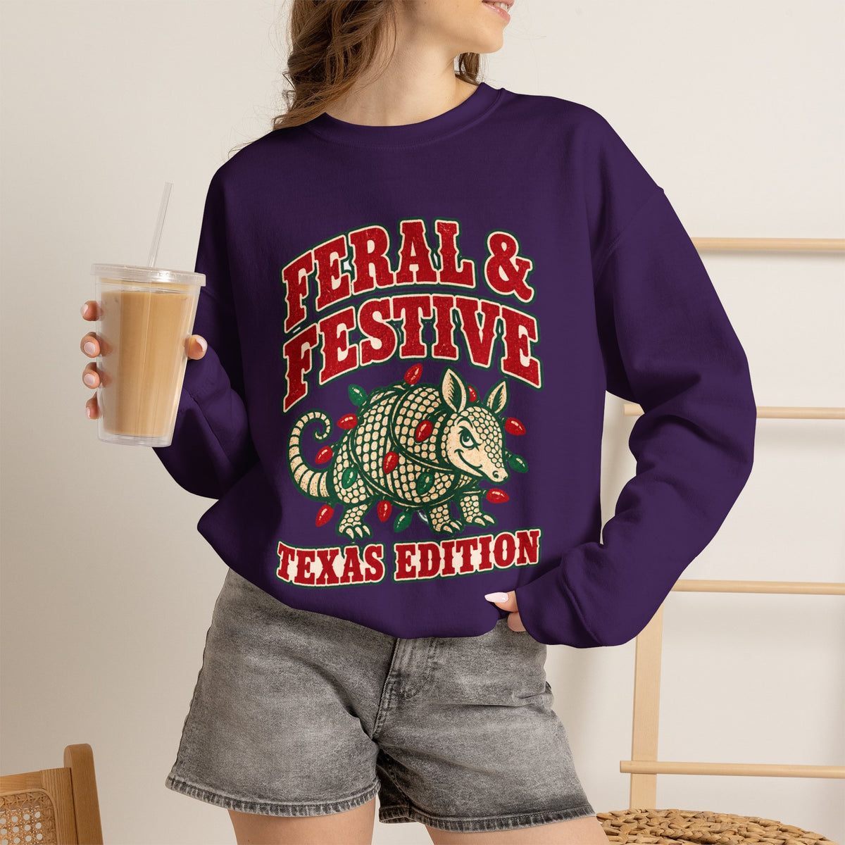 Feral & Festive Texas Edition Christmas Sweatshirt, Funny Armadillo Holiday Crewneck