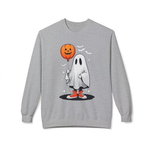 Ghostly Halloween Sweatshirt with Orange Pumpkin Balloon, Unisex Crewneck