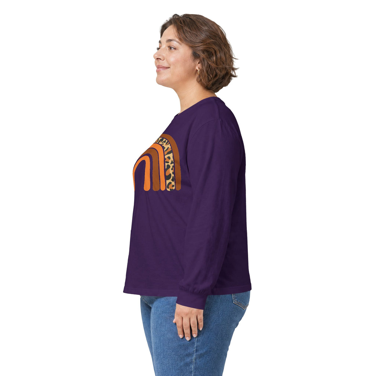 Retro FALL Leopard Rainbow Long Sleeve T-Shirt — Boho Earth-Tone Graphic Shirt