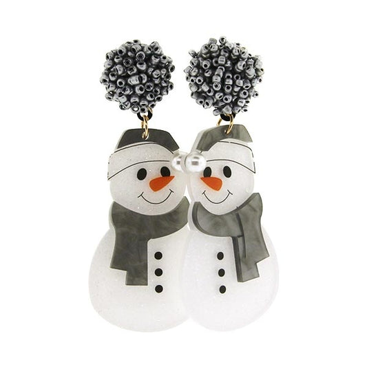 Gray Seed Bead Snowman Earrings
