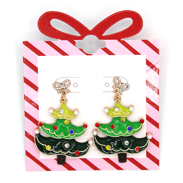 Bow Christmas Tree Dangle Post Earrings