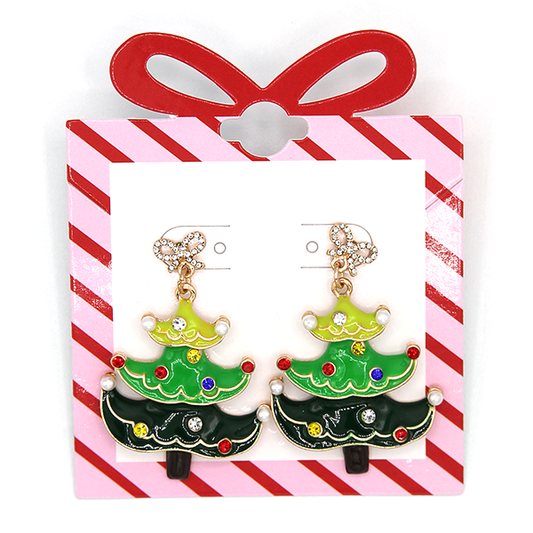 Bow Christmas Tree Dangle Post Earrings