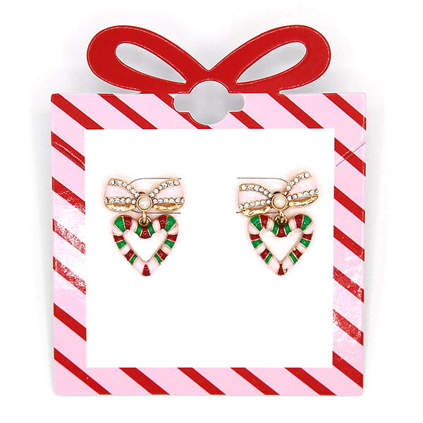Christmas Bow Candy Cane Heart Post Earrings