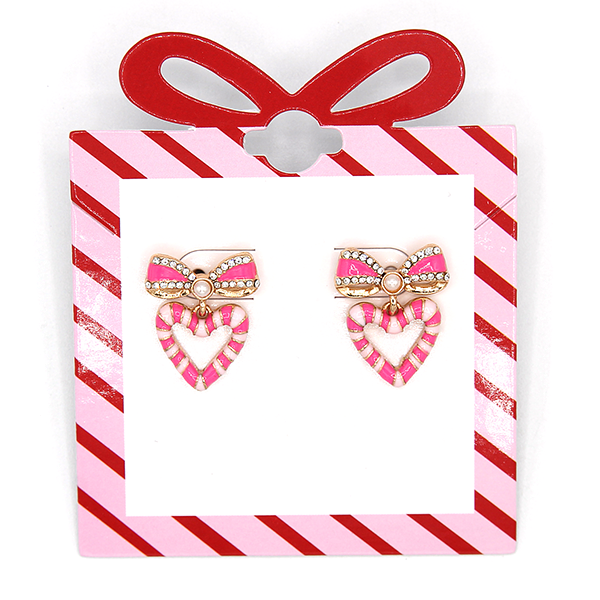 Christmas Bow PINK Candy Cane Heart Post Earrings