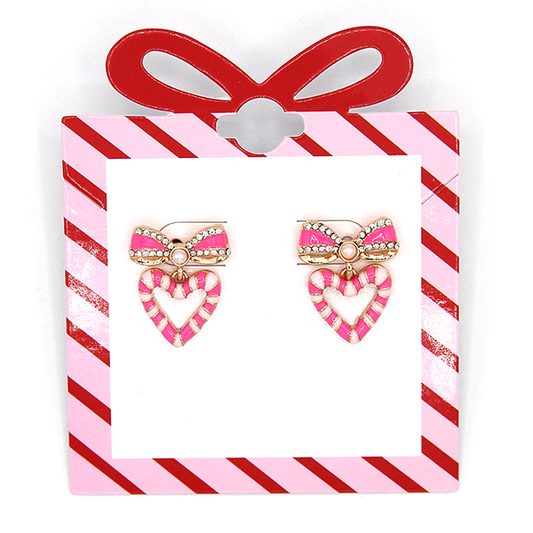 Christmas Bow PINK Candy Cane Heart Post Earrings