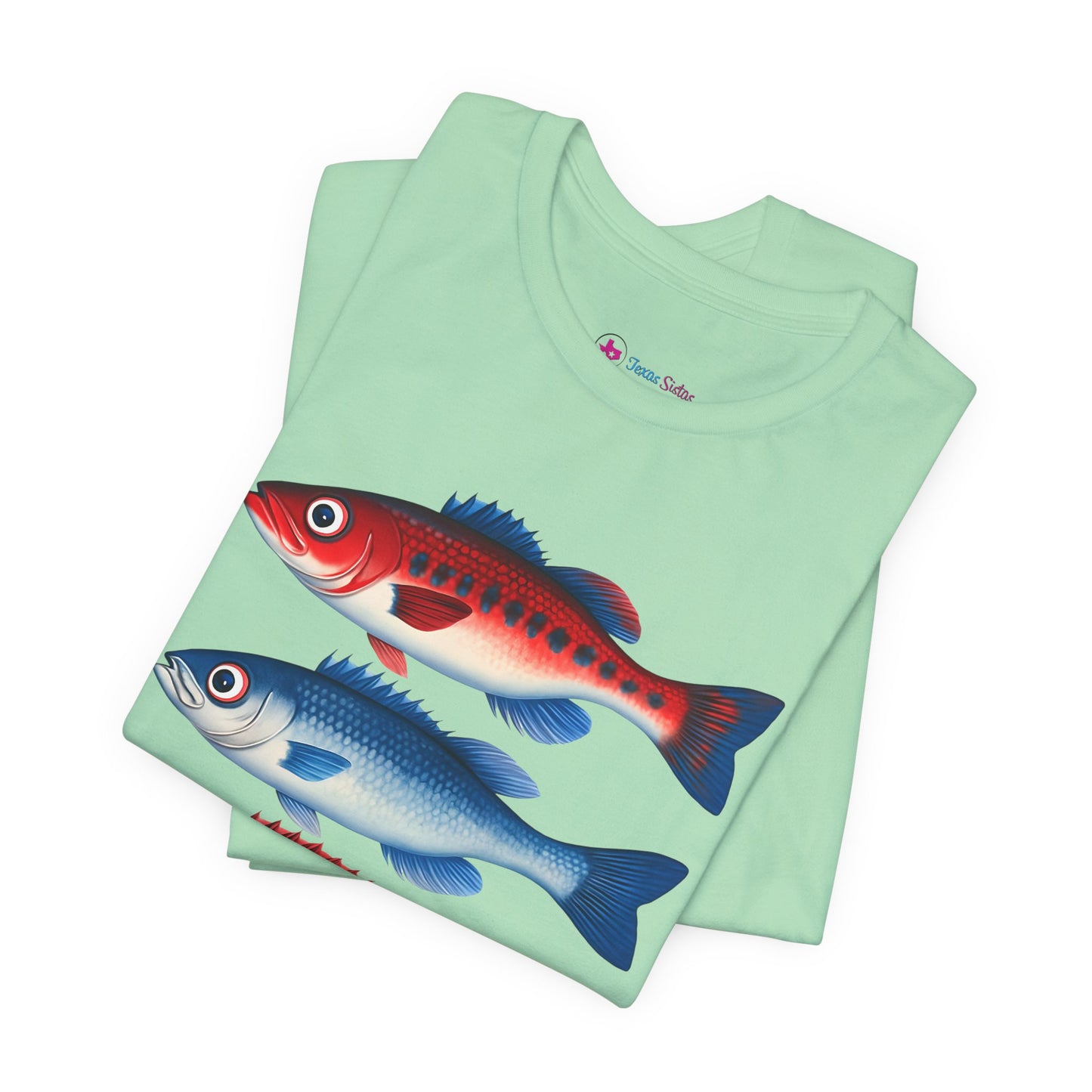 Americana Fish Trio Graphic Tee — Nautical Red & Blue Coastal T-Shirt