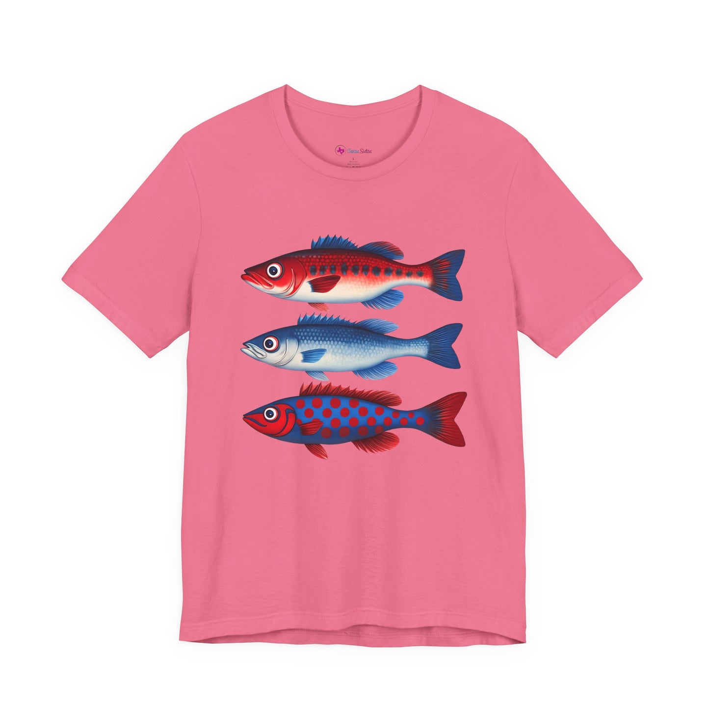 Americana Fish Trio Graphic Tee — Nautical Red & Blue Coastal T-Shirt