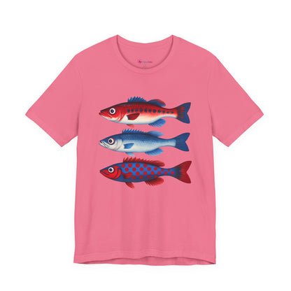 Americana Fish Trio Graphic Tee — Nautical Red & Blue Coastal T-Shirt
