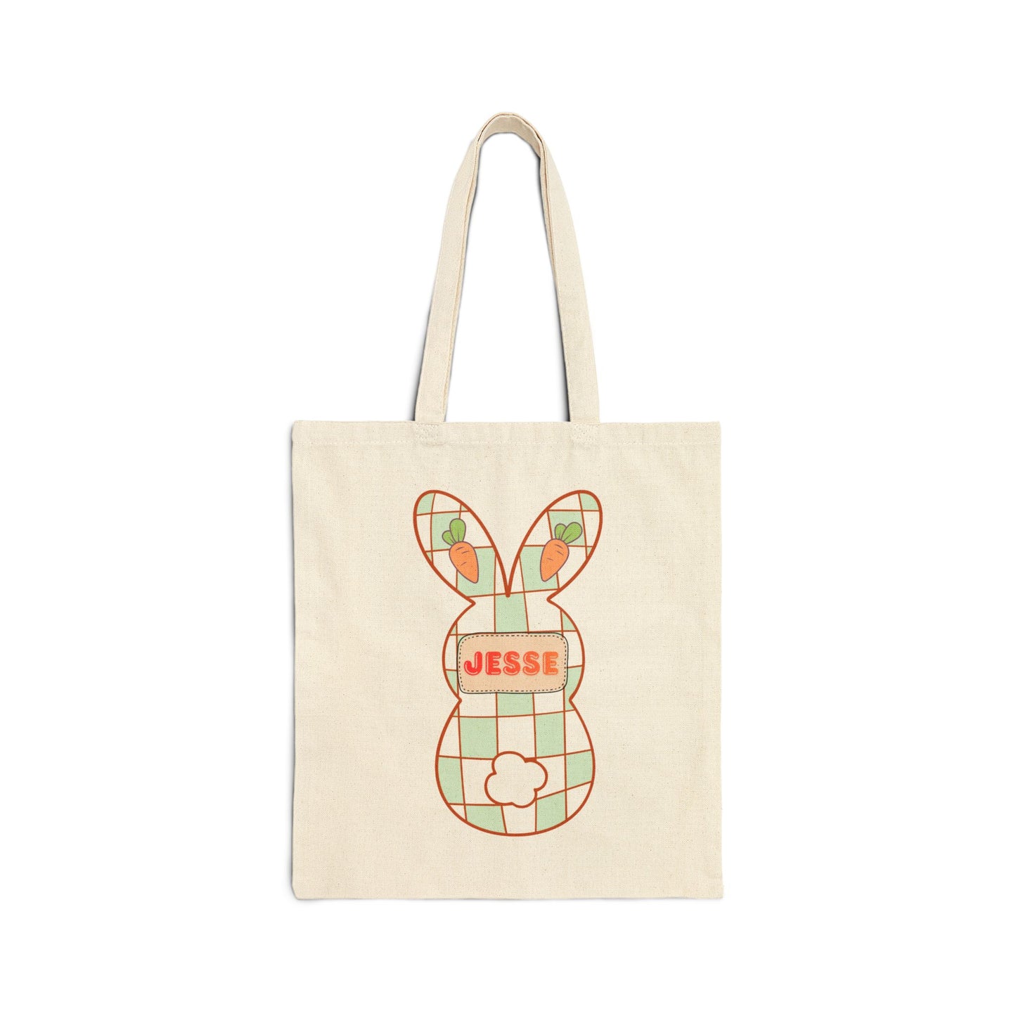 Personalized Plaid Easter Bunny Tote Bag - Custom Name Cotton Canvas