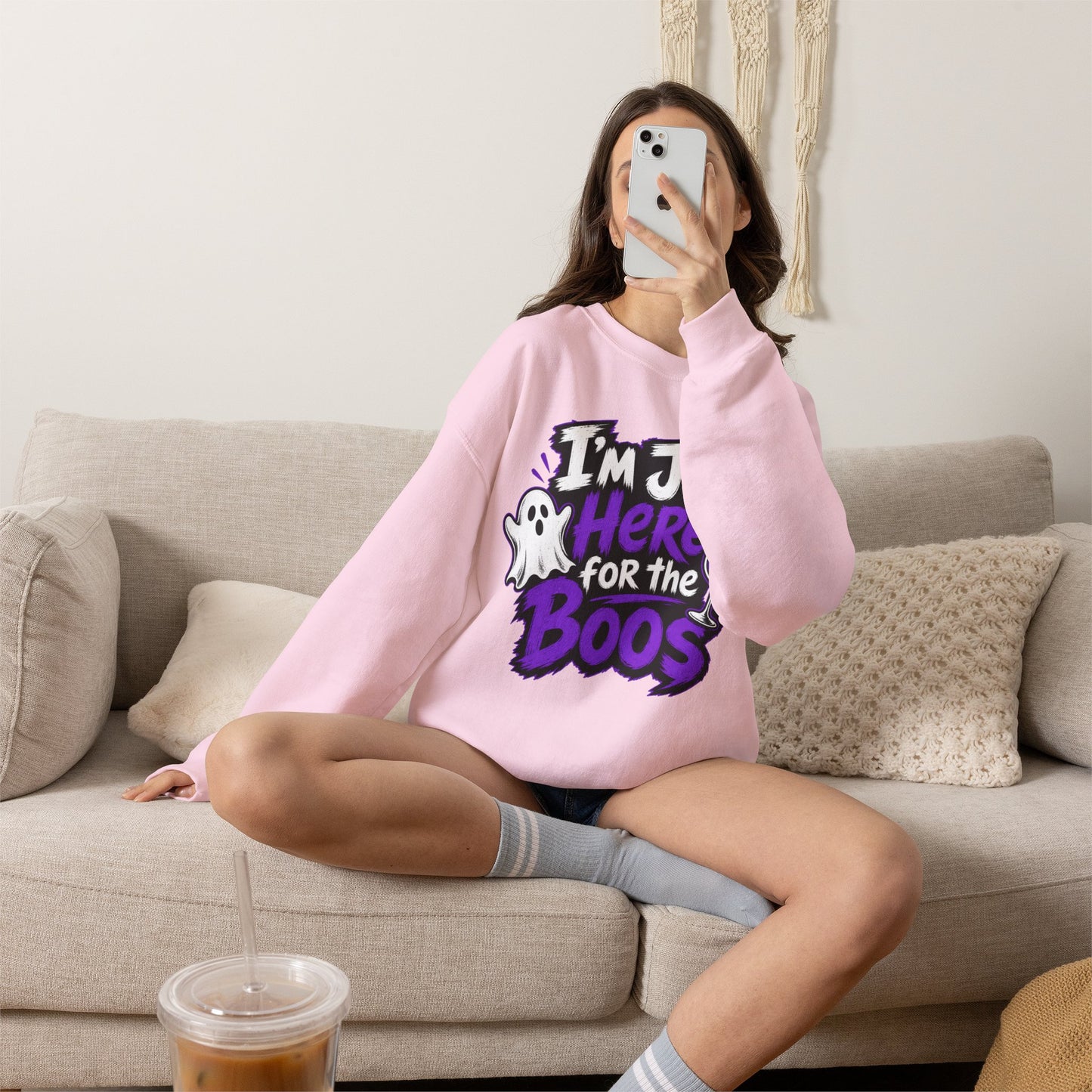 I'm Just Here for the Boos Halloween Sweatshirt — Ghost & Wine Graphic Crewneck
