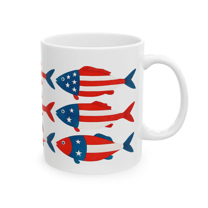 USA Flag Fish Ceramic Mug - Patriotic Ocean-Inspired Coffee Cup