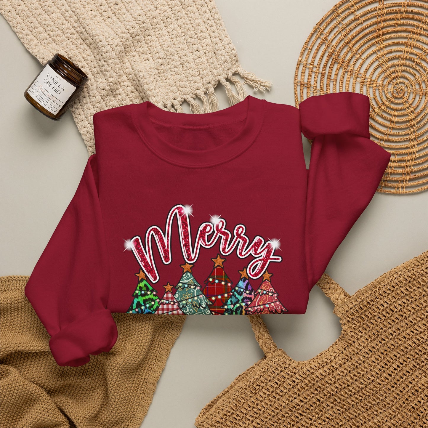Merry Christmas Crewneck Sweatshirt - Festive Plaid Christmas Trees Holiday Sweatshirt