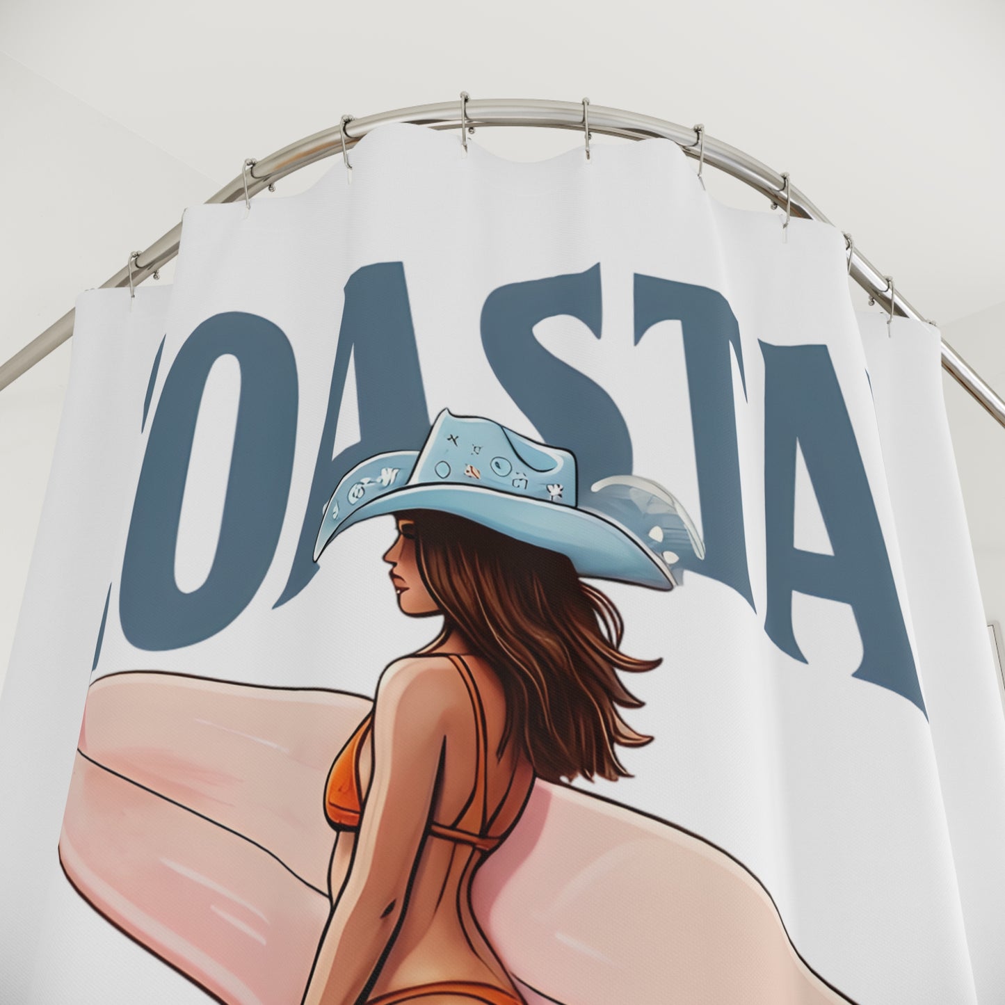Coastal Cowgirl Shower Curtain — Surfing Cowgirl Beach Bathroom Decor