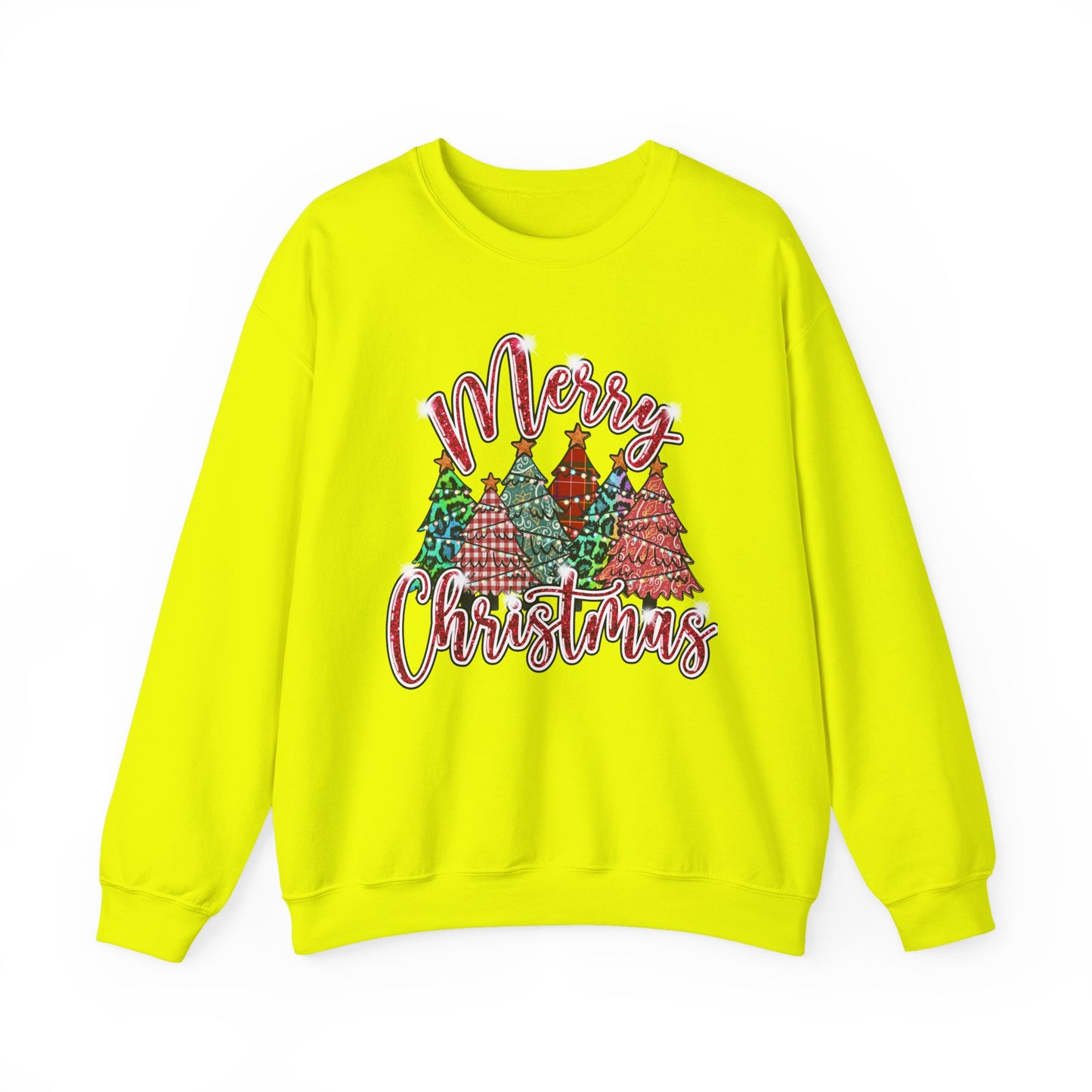 Merry Christmas Crewneck Sweatshirt - Festive Plaid Christmas Trees Holiday Sweatshirt