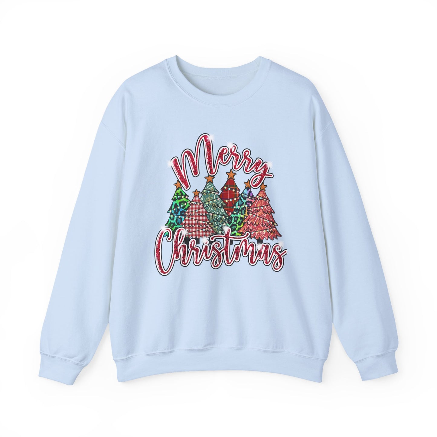 Merry Christmas Crewneck Sweatshirt - Festive Plaid Christmas Trees Holiday Sweatshirt
