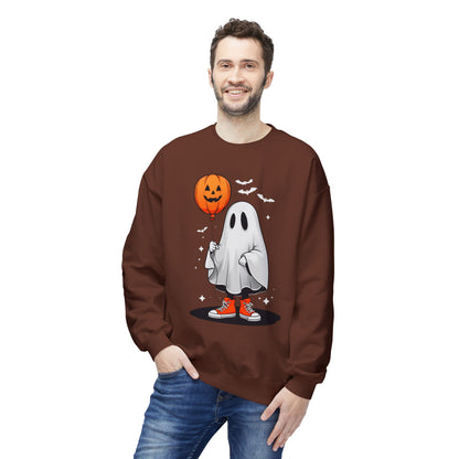 Ghostly Halloween Sweatshirt with Orange Pumpkin Balloon, Unisex Crewneck