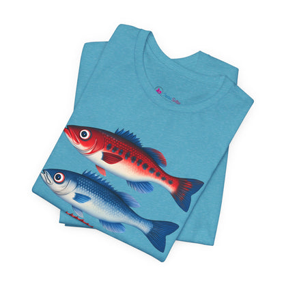 Americana Fish Trio Graphic Tee — Nautical Red & Blue Coastal T-Shirt