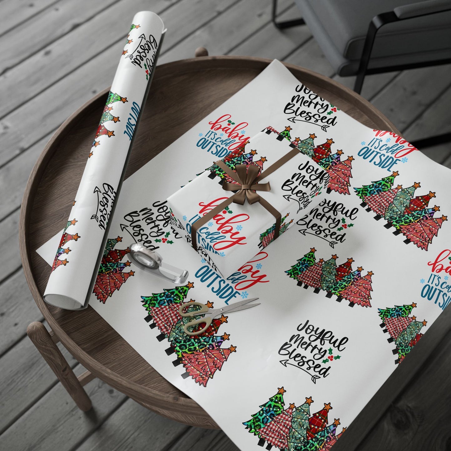 Wrapping Paper Roll – "Joyful Merry & Blessed" Holiday Gift Wrap with Festive Script Pattern