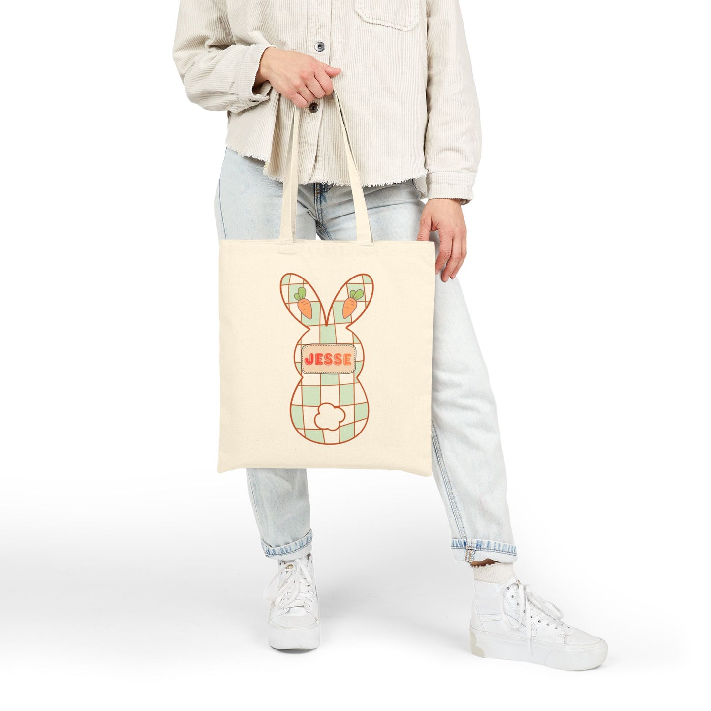 Personalized Plaid Easter Bunny Tote Bag - Custom Name Cotton Canvas