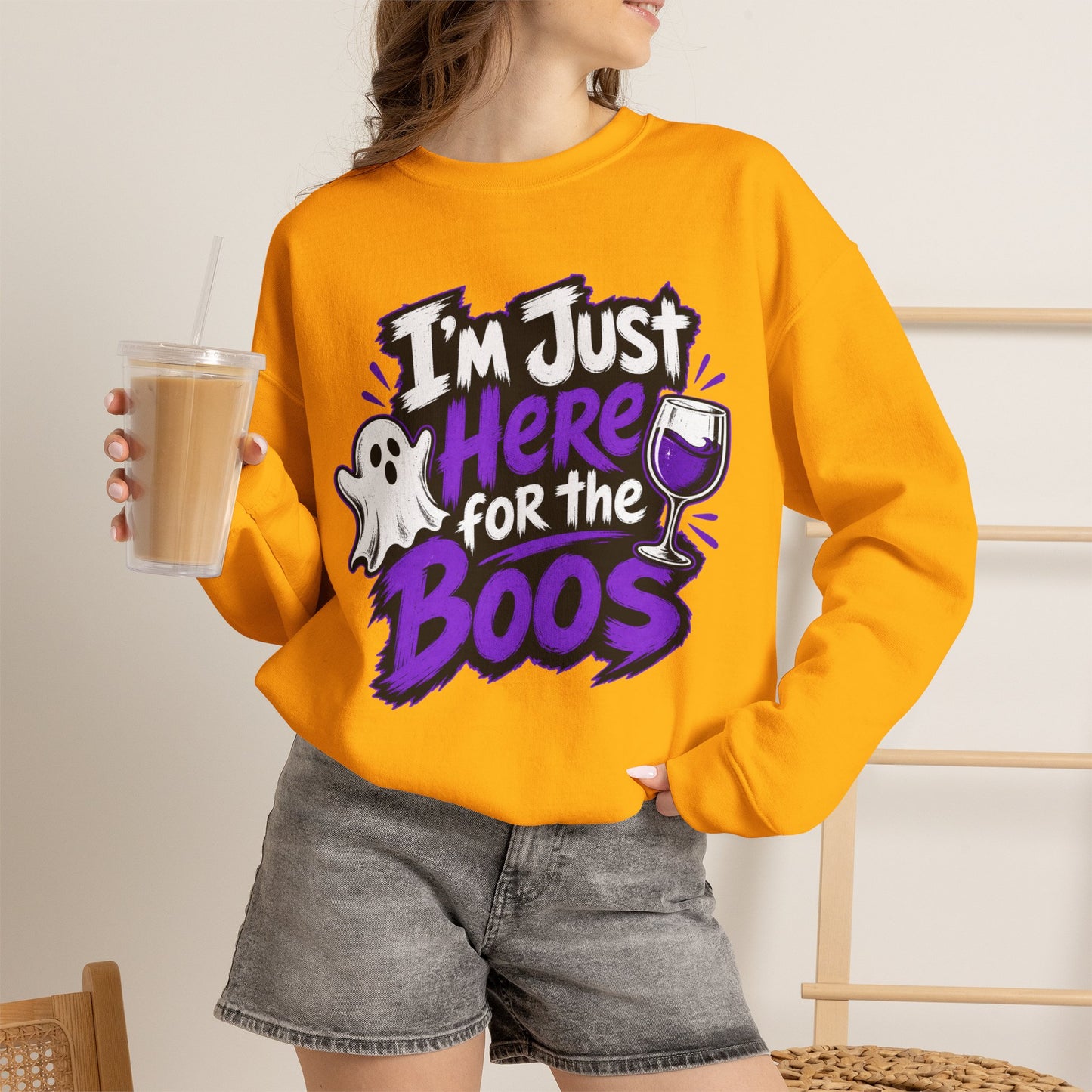 I'm Just Here for the Boos Halloween Sweatshirt — Ghost & Wine Graphic Crewneck