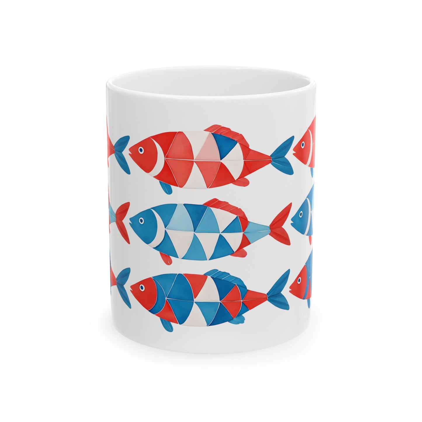 Red, White & Blue Fish Pattern Coffe Cup Ceramic Mug (11oz, 15oz)