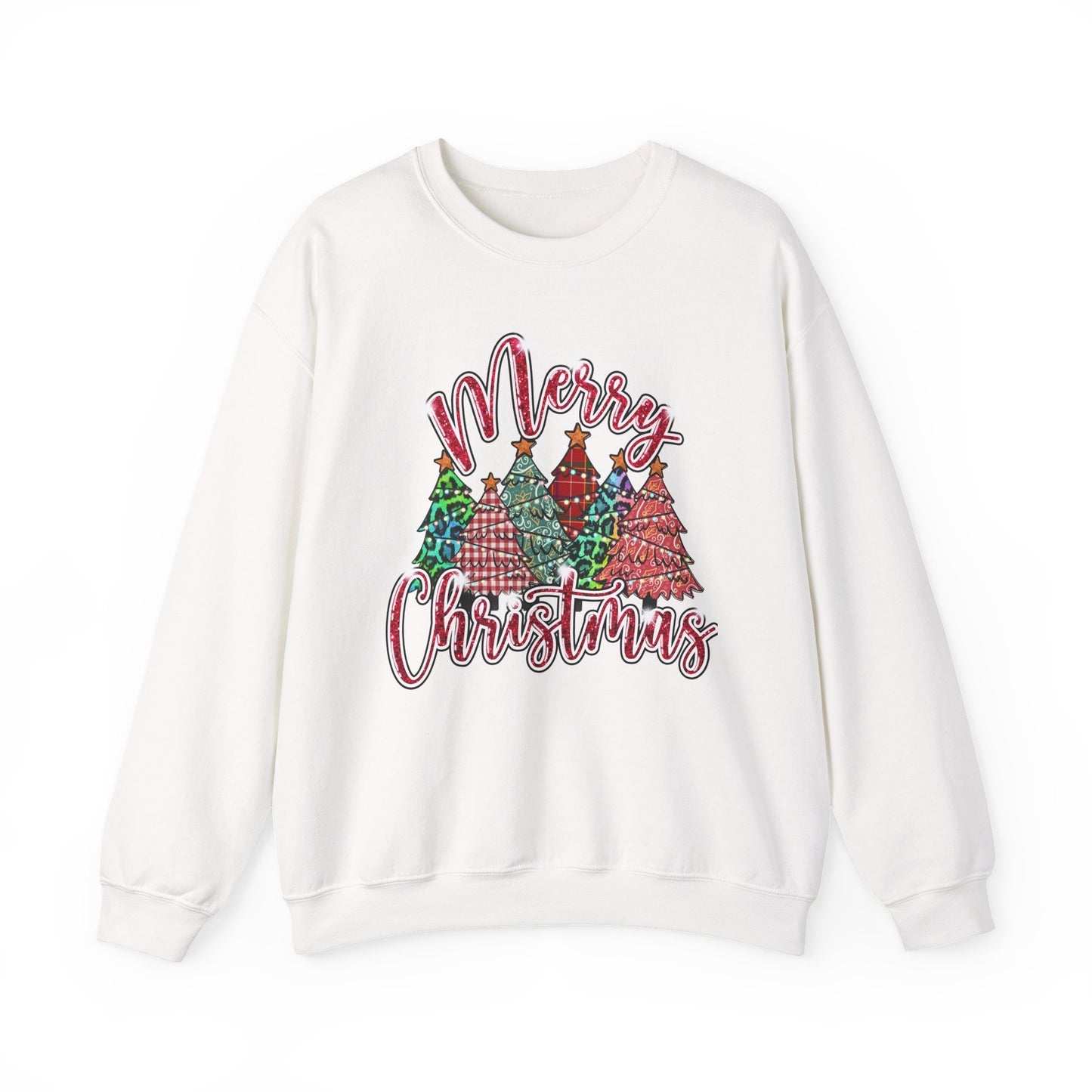 Merry Christmas Crewneck Sweatshirt - Festive Plaid Christmas Trees Holiday Sweatshirt
