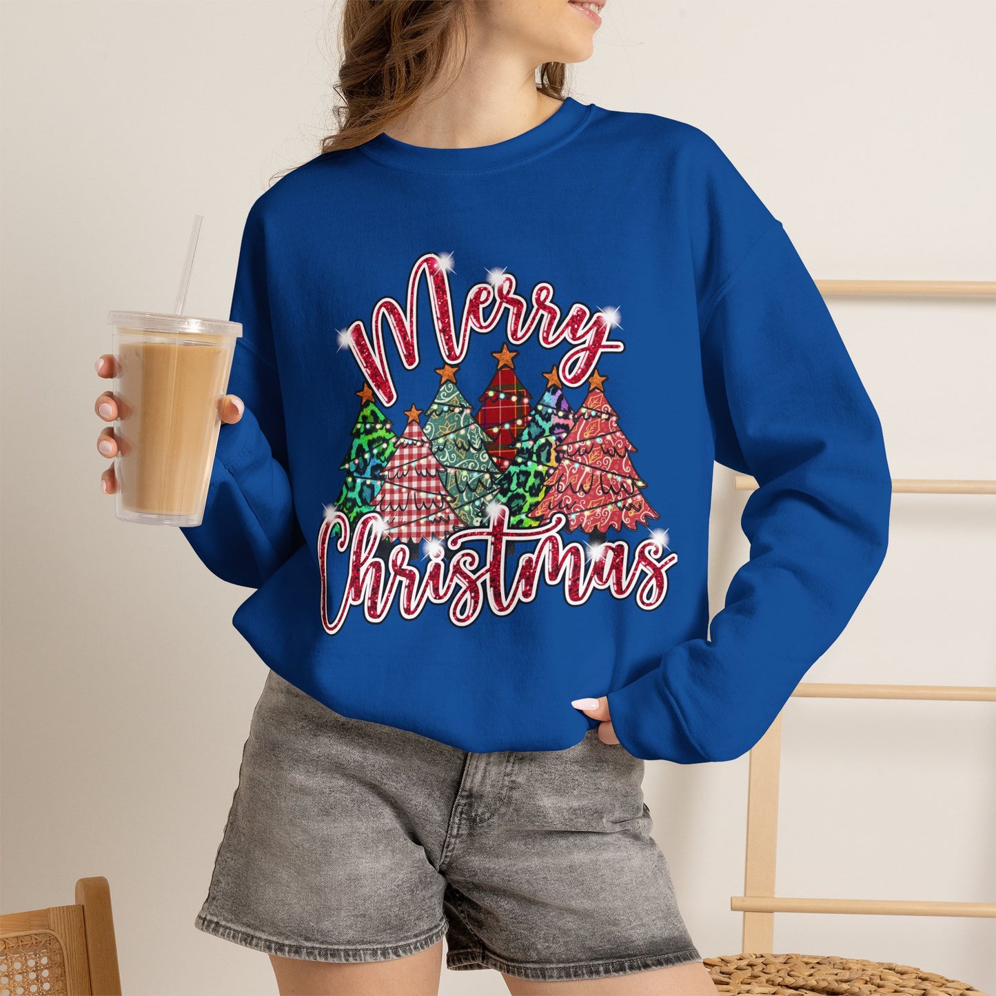 Merry Christmas Crewneck Sweatshirt - Festive Plaid Christmas Trees Holiday Sweatshirt