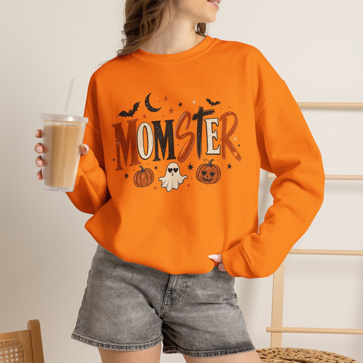 Momster Halloween Sweatshirt — Cute Momster Ghost & Pumpkins Crewneck