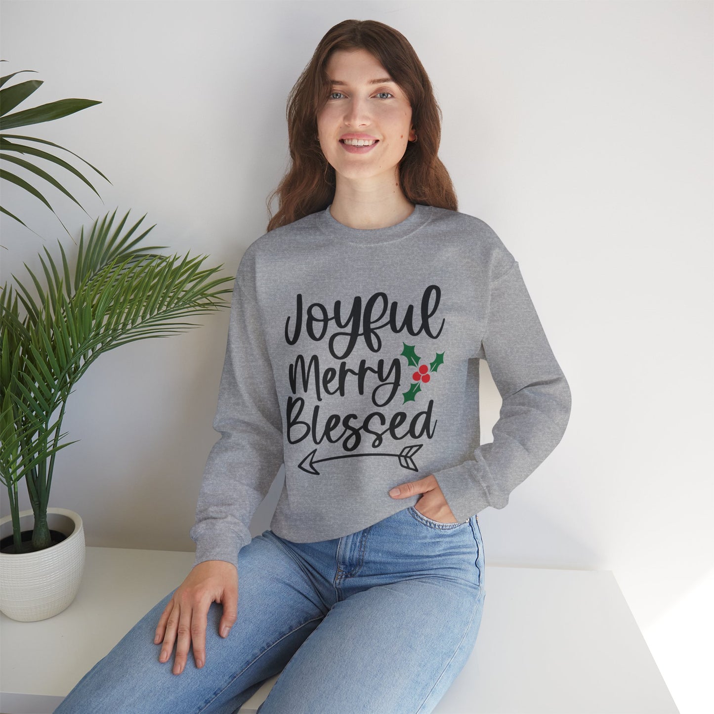 Christmas Sweatshirt - "Joyful Merry Blessed" Cozy Holiday Crewneck
