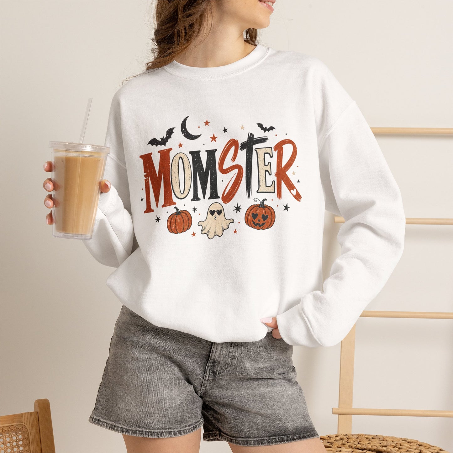 Momster Halloween Sweatshirt — Cute Momster Ghost & Pumpkins Crewneck