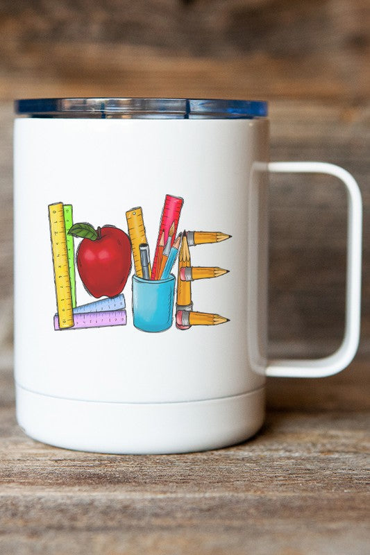 Love Teacher Apple Rulers Pencils Travel Mug
