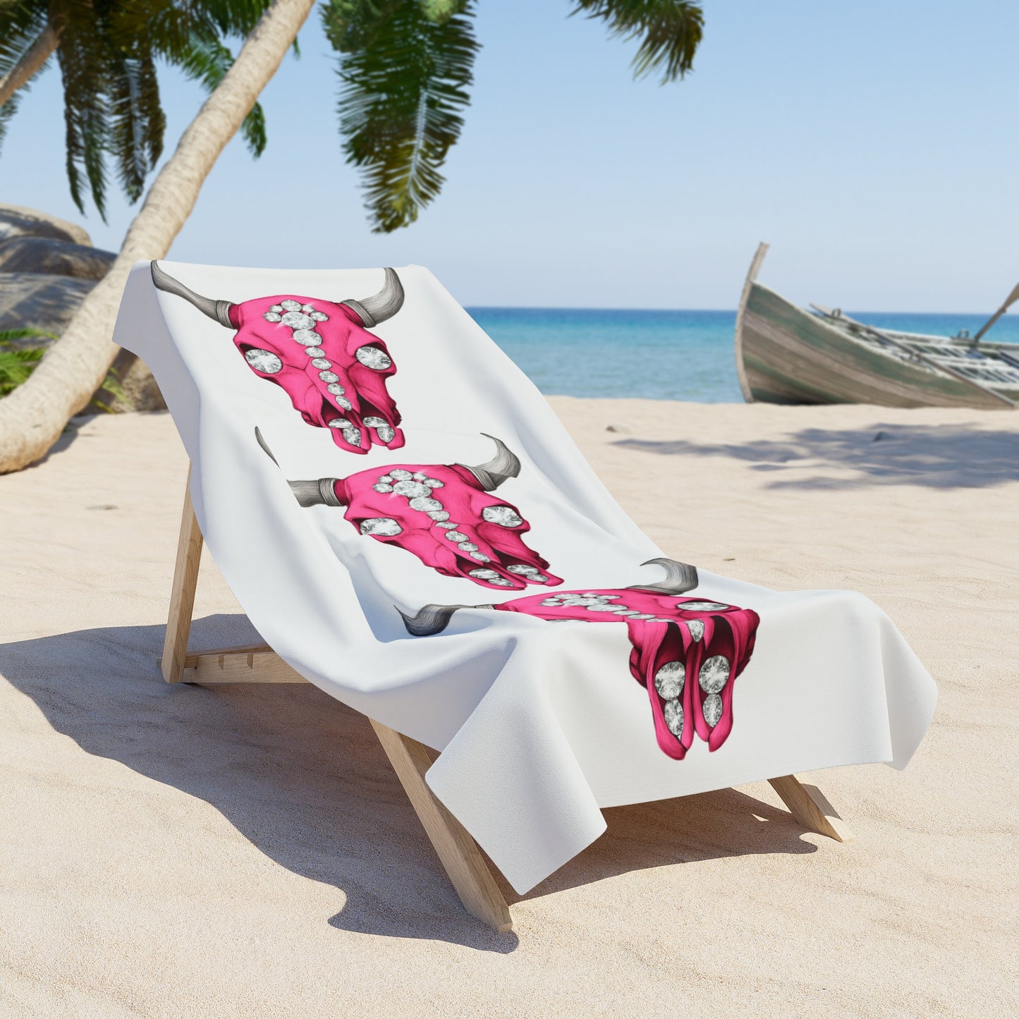 Pink Rhinestone Cow Skull Beach Towel — Southwestern Boho Beach Accessory