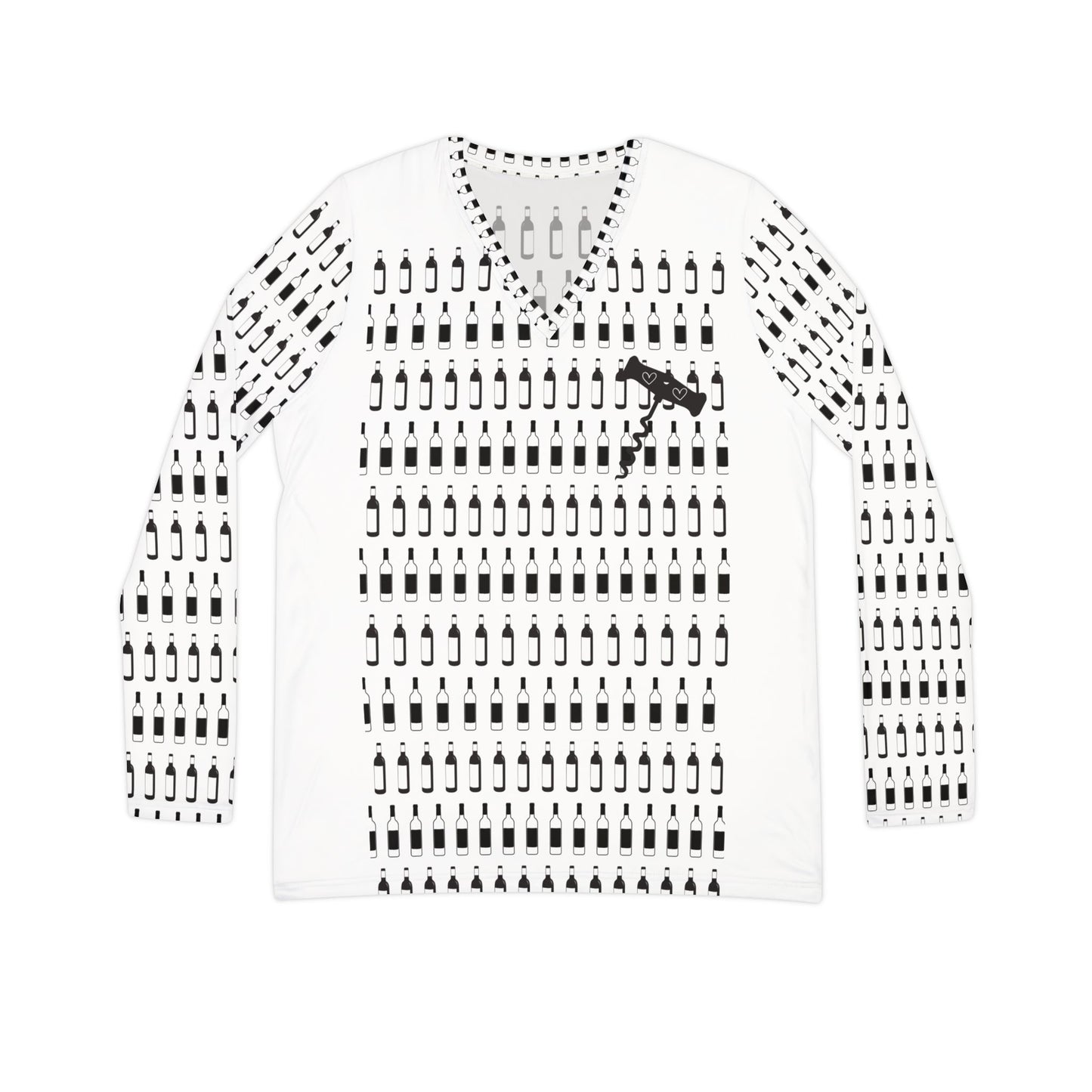 Women's Long Sleeve Shirt - Mini Wine Bottles and Cork Screw with Hearts Design