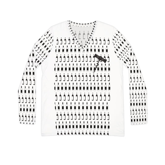 Women's Long Sleeve Shirt - Mini Wine Bottles and Cork Screw with Hearts Design