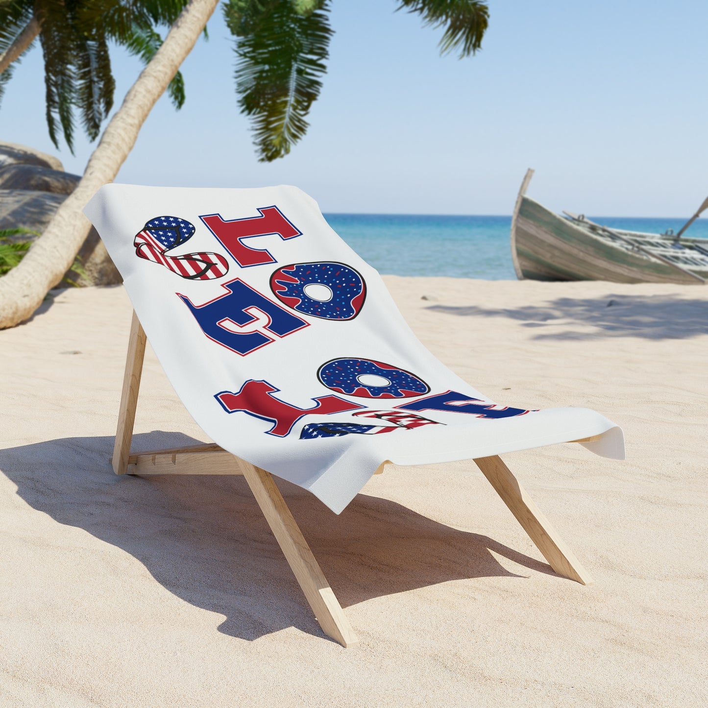 Patriotic LOVE Beach Towel – American Flag Flip-Flop & Donut Summer Design